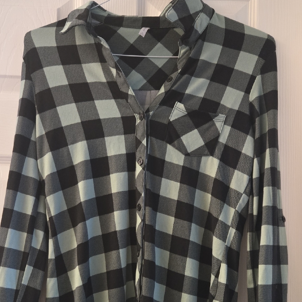 DNA Couture Black and Light Green Plaid Button Down Shirt